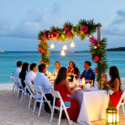 Caribbean Holidays, July Weddings, Antigua beach wedding reception with tropical flowers, lanterns, a long dinner table and guests celebrating beside the sea at dusk