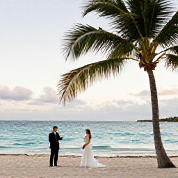 Caribbean Holidays, July Weddings Bahamas, Bride and groom beside a turquoise Bahamian sea at a beach wedding in July, with palm trees and soft evening light