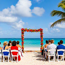 Caribbean Holidays, July Weddings Bahamas, Colourful Bahamian beach wedding ceremony with white chairs, tropical flowers and guests enjoying a sunny July afternoon