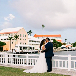 Caribbean Holidays, July Weddings Bahamas, Newly married couple exploring Nassau, The Bahamas, with pastel buildings, palm trees and a lively waterfront atmosphere