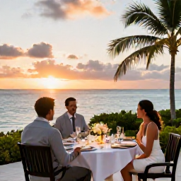 Caribbean Holidays, July Weddings Bahamas, Newlyweds enjoying a sunset dinner on a Bahamian terrace overlooking the sea, with tropical table decorations