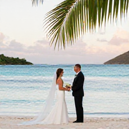 Caribbean Holidays, July Weddings, Bride and groom exchanging vows beside a calm turquoise sea on a British Virgin Islands beach in July, with palms and soft afternoon light