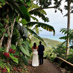 Caribbean Holidays, July Weddings, Bride and groom exploring a lush rainforest trail and scenic coastline in Tobago after their wedding