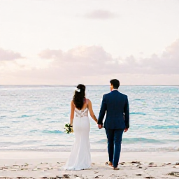Caribbean Holidays, July Weddings, Bride and groom walking along a quiet Caribbean beach in July after their wedding, with soft evening light and calm turquoise water
