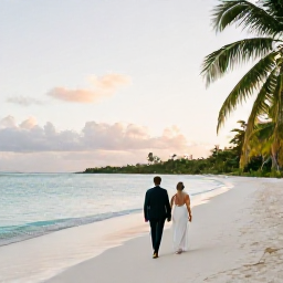 Caribbean Holidays, July Weddings, Bride and groom walking along a quiet white-sand beach in Antigua at sunset, with turquoise water and gentle palm trees