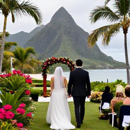 Caribbean Holidays, July Weddings, Bride and groom walking through lush tropical gardens towards a Saint Lucia beach after their ceremony