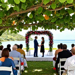 Caribbean Holidays, July Weddings, Couple and wedding guests enjoying a shaded tropical ceremony in the British Virgin Islands, with fans, flowers and bright summer greenery