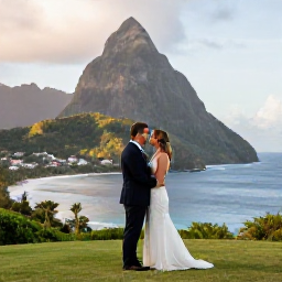 Caribbean Holidays, July Weddings, Couple enjoying a romantic Saint Lucia honeymoon overlooking the Pitons and Caribbean coastline
