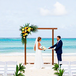 Caribbean Holidays, July Weddings, Elegant beach wedding ceremony in Antigua with white chairs, simple tropical flowers and the Caribbean Sea behind the couple