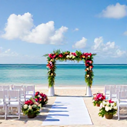 Caribbean Holidays, July Weddings, Elegant beach wedding ceremony with white chairs, tropical flowers and calm turquoise sea in Tobago