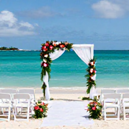 Caribbean Holidays, July Weddings, Elegant beachfront wedding ceremony with white chairs, tropical flowers and turquoise water at a Saint Martin resort