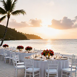 Caribbean Holidays, July Weddings, Elegant beachfront wedding reception in the British Virgin Islands, with white chairs, tropical flowers and a sunset over the sea