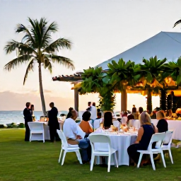 Caribbean Holidays, July Weddings, Elegant outdoor wedding reception at a beachfront villa in Saint Barth&eacute;lemy, with tropical greenery and guests dining at sunset