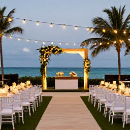 Caribbean Holidays, July Weddings, Elegant outdoor wedding reception under string lights at a beachfront resort in Turks and Caicos
