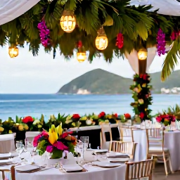 Caribbean Holidays, July Weddings, Elegant outdoor wedding reception with tropical flowers, lanterns and ocean views in Saint Lucia