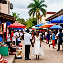 Caribbean Holidays, July Weddings Haiti, A couple exploring a colourful Haitian market and historic street after their wedding, with local crafts and tropical surroundings