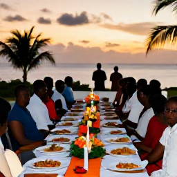 Caribbean Holidays, July Weddings Haiti, A Haitian wedding reception at sunset with guests enjoying local food, colourful table decorations and gentle tropical lighting