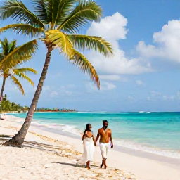 Caribbean Holidays, July Weddings Haiti, A newly married couple walking along a sunny Haitian beach in July, with palm trees, turquoise sea and gentle clouds