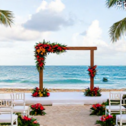Caribbean Holidays, July Weddings Haiti, An elegant outdoor wedding ceremony beside a Haitian beach, with simple white chairs, tropical flowers and a view of the sea