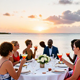 Caribbean Holidays, July Weddings, Happy wedding guests enjoying cocktails and a sunset dinner on a beach in Turks and Caicos