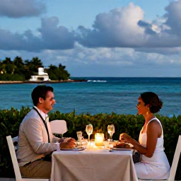 Caribbean Holidays, July Weddings, Newly married couple enjoying a candlelit dinner at an outdoor Caribbean restaurant overlooking the sea in Antigua