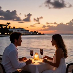 Caribbean Holidays, July Weddings, Newly married couple enjoying a romantic sunset dinner at a waterside restaurant in Sint Maarten