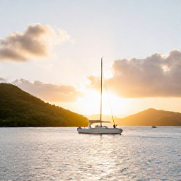 Caribbean Holidays, July Weddings, Newly married couple enjoying a sunset sail around the United States Virgin Islands, with golden light, calm water and green island hills