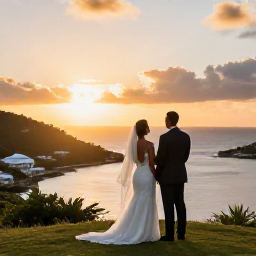 Caribbean Holidays, July Weddings, Newly married couple watching the sunset from a scenic viewpoint above the harbour in Saint Barth&eacute;lemy