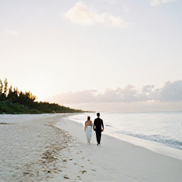 Caribbean Holidays, July Weddings, Newlywed couple walking along an empty white sand beach at sunset in Turks and Caicos