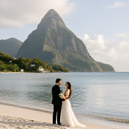 Caribbean Holidays, July Weddings, Newlyweds celebrating beside a calm turquoise sea at a Saint Lucia wedding venue in July