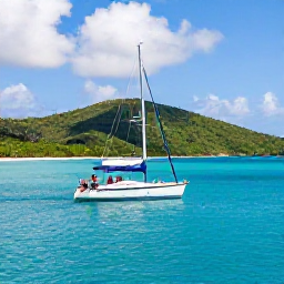 Caribbean Holidays, July Weddings, Newlyweds sailing between the green islands of the British Virgin Islands, with a small boat, turquoise water and sunny July skies