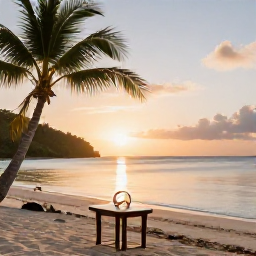 Caribbean Holidays, July Weddings, Romantic British Virgin Islands beach at sunset with two wedding rings on a small table, palm trees and calm Caribbean water
