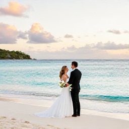 Caribbean Holidays, July Weddings, Romantic view of a couple on a secluded Antigua beach after their wedding, with calm turquoise sea and a warm evening sky