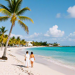 Caribbean Holidays, July Weddings, Tropical Saint Martin beach with turquoise water, palm trees and a couple walking along the shoreline in July