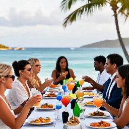 Caribbean Holidays, July Weddings, Wedding guests enjoying cocktails and fresh Caribbean food at a lively Saint Barth&eacute;lemy reception overlooking the sea