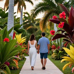 Caribbean Holidays, July Wellness, A couple walking through a lush Dominican Republic tropical garden in July, with a peaceful path, palms, flowering plants and soft afternoon light