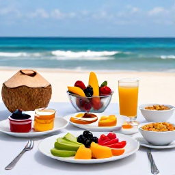 Caribbean Holidays, July Wellness, A healthy Dominican breakfast with tropical fruit, coconut, fresh juice and local ingredients served on an open-air terrace overlooking the sea
