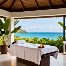 Caribbean Holidays, July Wellness, A peaceful Cura&ccedil;ao spa setting with an open-air treatment room, tropical plants, candles and views towards the Caribbean Sea
