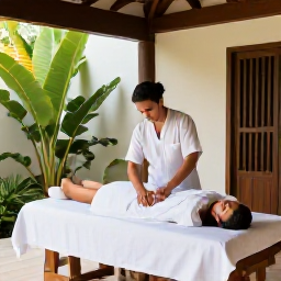 Caribbean Holidays, July Wellness, A peaceful Dominican Republic resort spa in July, with a therapist preparing a natural treatment, tropical plants, wooden details and soft natural light