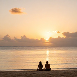 Caribbean Holidays, July Wellness, A quiet Cura&ccedil;ao beach at sunset with a couple sitting near the water, soft golden light and colourful evening sky