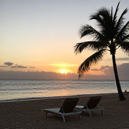 Caribbean Holidays, July Wellness, A serene Dominican Republic beach at sunset in July, with two loungers, calm sea, palm silhouettes and warm evening colours