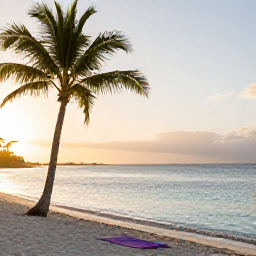 Caribbean Holidays, July Wellness, A tranquil Dominican Republic beach at sunrise in July, with palm trees, calm turquoise water, soft golden light and a yoga mat on the sand