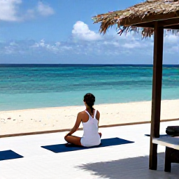 Caribbean Holidays, July Wellness, A visitor enjoying a gentle morning yoga session on a Cura&ccedil;ao beach terrace overlooking clear blue water