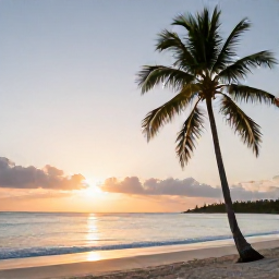 Caribbean Holidays, July Wellness, Calm tropical beach in Trinidad and Tobago at sunrise, palm trees, gentle sea and a peaceful July holiday atmosphere