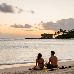 Caribbean Holidays, July Wellness, Couple relaxing on a quiet Saint Kitts beach at sunset in July, calm Caribbean water and discreet resort setting