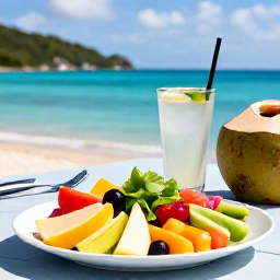 Caribbean Holidays, July Wellness, Fresh tropical fruit, colourful healthy salad and coconut water at an outdoor table overlooking the sea in the United States Virgin Islands