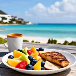 Caribbean Holidays, July Wellness, Healthy Caribbean lunch with fresh fruit, colourful salad, grilled fish, and a sea view in Saint Martin