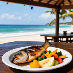 Caribbean Holidays, July Wellness, Healthy Caribbean meal with fresh fish, tropical fruit and vegetables on a shaded terrace overlooking the sea in Nevis