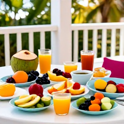 Caribbean Holidays, July Wellness Holidays, Healthy Caribbean breakfast with fresh fruit, coconut, juice and colourful local ingredients on a shaded outdoor terrace