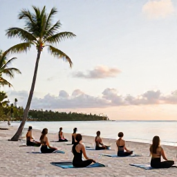 Caribbean Holidays, July Wellness Holidays, Outdoor yoga class on a Caribbean beach in July, small group on mats, palm trees, calm sea and soft morning light